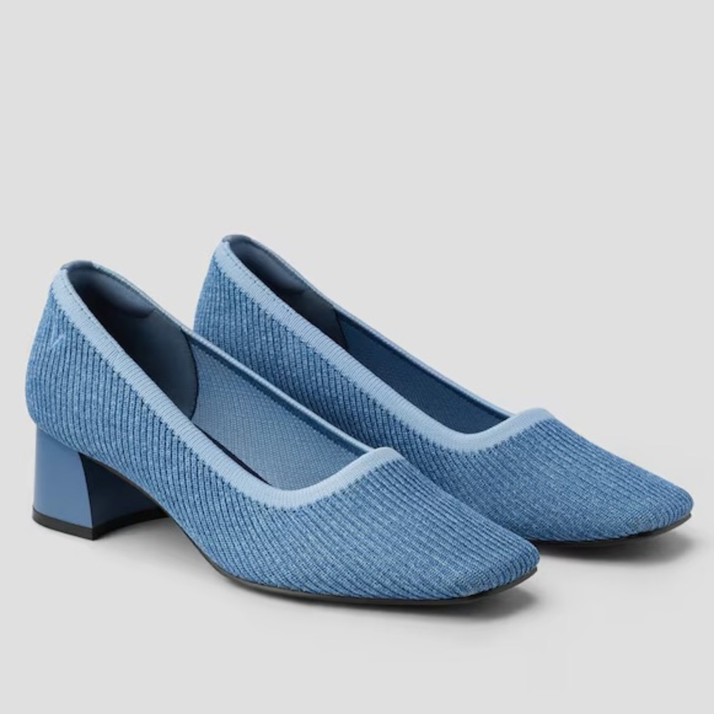 Vivaia Melody Blue Square Toe Chunky Heel Knit Pump
